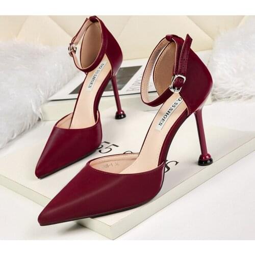 Women sandals PU Buckle Strap 9.5CM Thin Heels High heels Pointed Toe Shallow women shoes sandalias mujer 2020 size 35-42