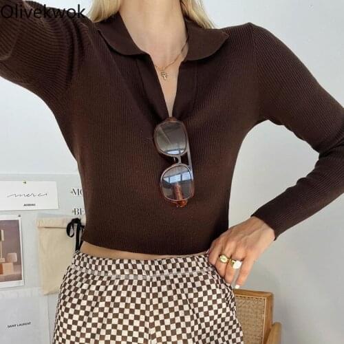 Olivekwok 2021 Woman Fashion Solid Long Sleeve Tops Turn-down Collar Casual Spring/Autumn Knitted Pullover