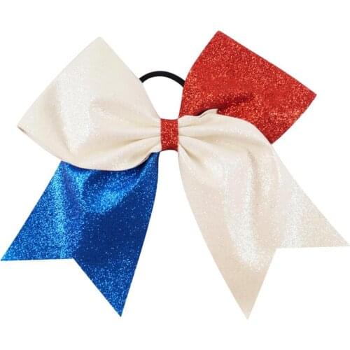 2pcs/lot 7'' 4th July Kids' Printing Patchwork Patriotic Cheerbow with Elastic Ponytail Ribbon Cheerleading Bows for Girls
