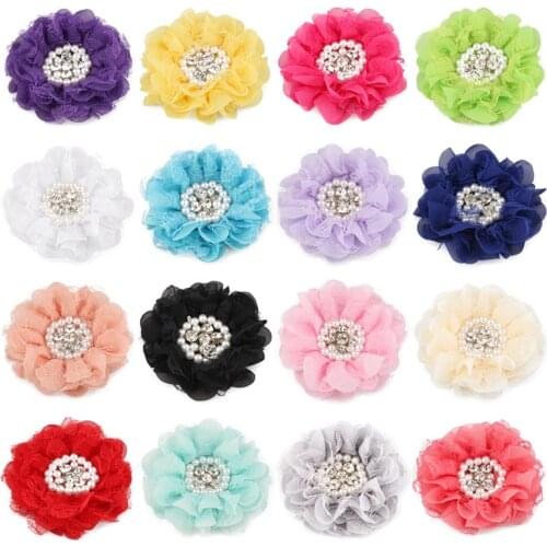 200pcs/lot 16colors 9cm Shabby Chiffon Petals Poppy Flower+Rhinestones Pearl for Baby Girls Hair Accessories/Headband/Hair clips