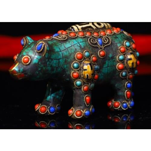 4"Tibet temple Old Bronze Filigree mosaic Gem Dzi Bead Bear statue Polar bear Town House Exorcism Ward off evil spirits