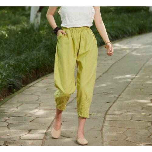 Women Elastic Waiste Solid Color Vintage Pants Ladies Vintage Summer Trousers Female 2020 Retro Pants
