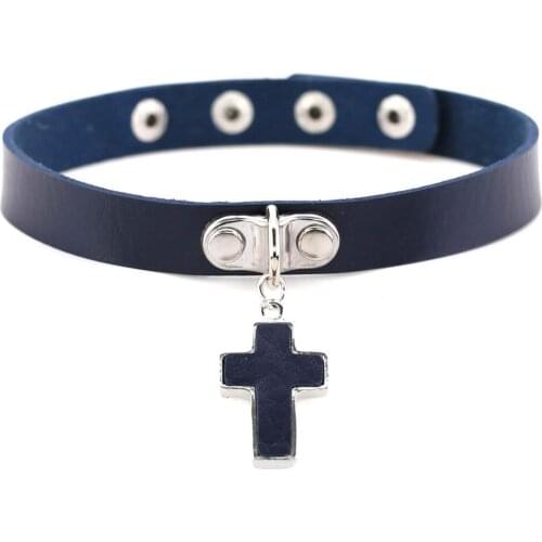 Black Blue Deep Navy Leather Ban Silvery Simple Cross Pendant Charm Button Adjustable Handmake Necklaces For Women Accessory