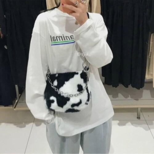Design Elegant Cow Pattern Armpit Bag for Ladies Simple Faux Fur Women Chain Shoulder Crossbody Bags Soft Plush Girls Handbags
