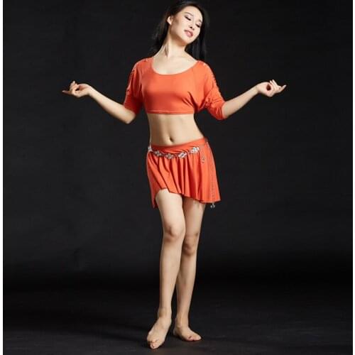 2018 Belly Dance Costume Short Sleeve Blouse Top & Short Wave Skirt 2 Pieces Dance Clothes Suit 8 Colors