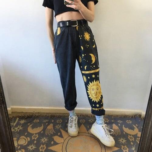 Fashion Sun Star Printed Pants Jeans Women Autumn Black High Waist Young Girls Chic Denim Trousers Woman Cool Boyfriends Jeans