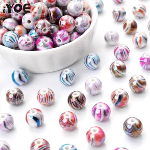 IYOE 30pcs/Lot 10mm Rainbow Mermaid Shiny Beads Loose Spacer Acrylic Stripe Beads For Making Jewelry Bracelet DIY Kids Toy