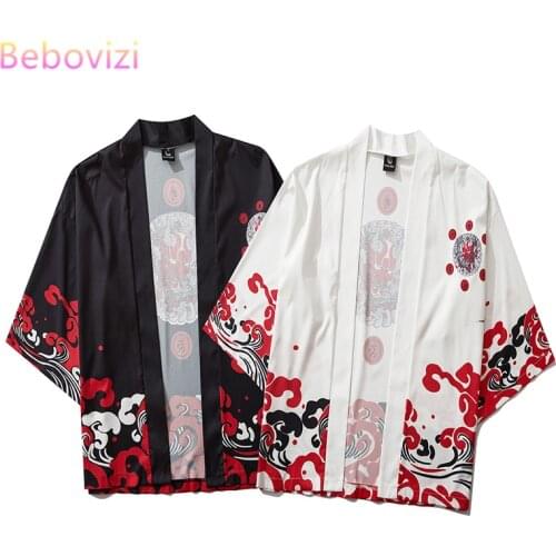 17 Style Harajuku Japanese Fashion Kimono 2020 White Black Men and Women Cardigan Blouse Haori Obi Asian Clothes Samurai