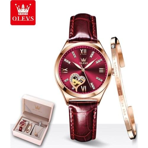 OLEVS automatic mechanical watches bracelet set for women 18 kt gold luxury ceramic Diamond Womens Day couples gift Hollow Watch