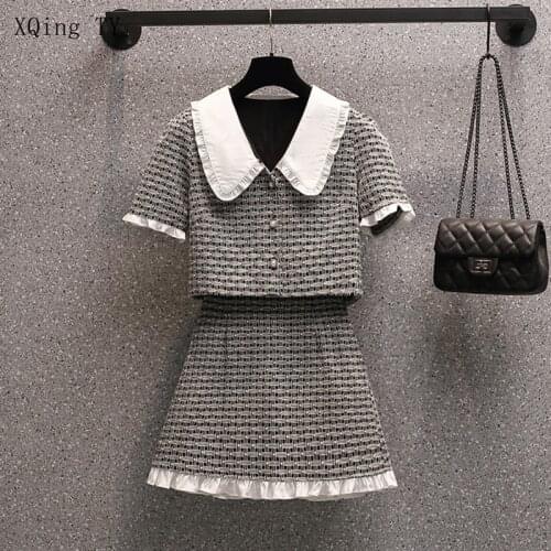 Korean Fashion Vintage 2 Piece Suits 2021 New Summer Two Piece Set Women Single Breasted Coat Short Sleeve Top + Mini Skirt Sets