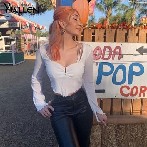 Yiallen Harajuku Pure Simple Low Cut Crop Tops Women Elegant Office Lady Short T-Shirt Autumn New Black White Slim Tees 2021