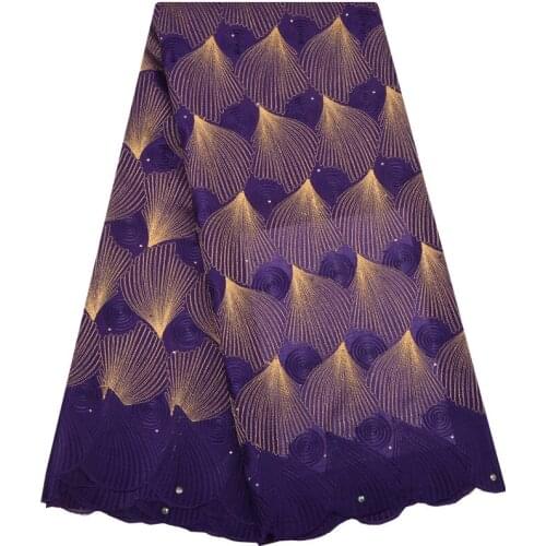 Purple Color Lace Fabrics With Stones For African Parties Swiss Voile Lace In Switzerland High Quality For Sewing Dress 1246