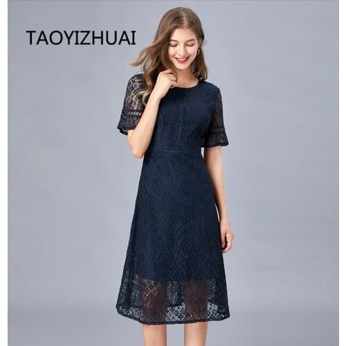 Summer new blue hollowed out lace dress fat mm plus fat plus medium length A-line casual splicing versatile slim skirt