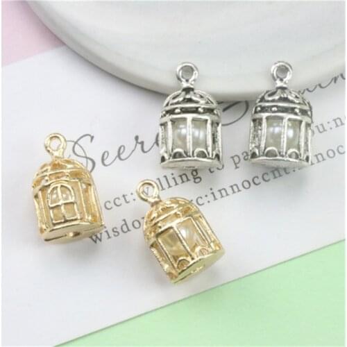 Julie Wang 10PCS Small Alloy Birdcage Charms With Man-made Pearl Golden Silver Color Pendant Bracelet Jewelry Making Accessory