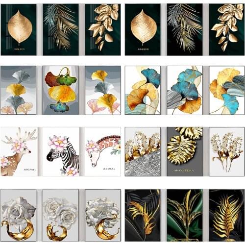 Tapb 3 Pcs DIY Oil Painting By Numbers Nordic Golden Abstract Leaf Flower Drawing On Canvas Pictures By Numbers Wall Art Decor