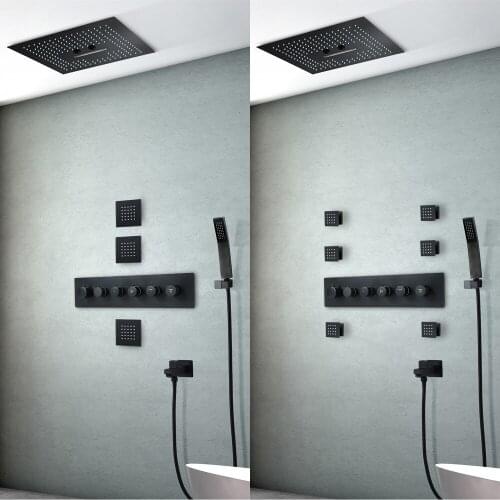 Matte Black 16 Inch Square LED Shower Head Set with 64 Color Change and Ceiling Embedded design Shower Head And body jets