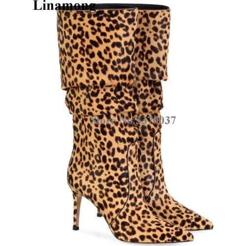 Winter New Fashion Women Pointed Toe Leopard Suede Leather Knee High Thin Heel Boots Slip-on Long High Heel Boots Dress Shoes