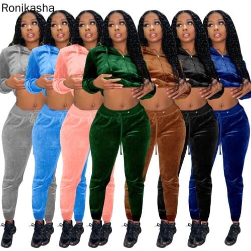 Ronikasha Fall Velour Two Piece Set Women Simple Casual Zipper Long Sleeve Hooded Collar Top+Skinny Sport Pants Tracksuits Outfi