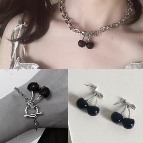 Necklace Bracelet Earrings 3-Piece Set Fruit Black Cherry Clavicle Chain Female Dark Black Personality Fashion Temperament Girl