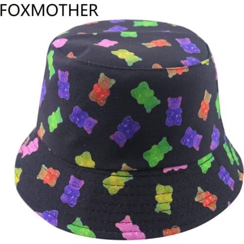 FOXMOTHER New Men Reversible Cartoon Bear Print Bucket Hats Women Fisherman Hats Cap Summer