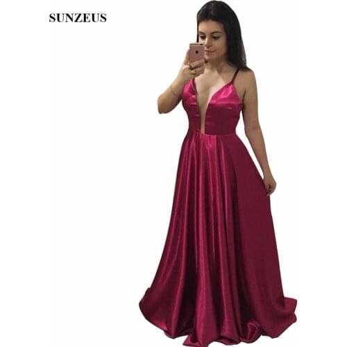 Deep V-neck Bridesmaid Dresses Long Fuchsia Satin Party Gowns For Wedding Simple Prom Gowns Spaghetti Straps BDS045