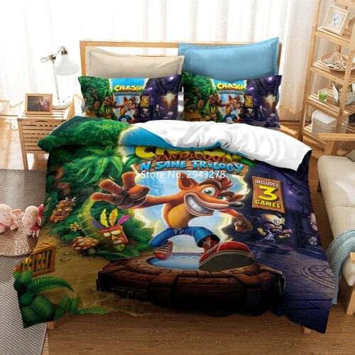 Cartoon Adventure Game Crash Fox and Other Patterned Bedding Deluxe Full-size Duvet Covered Pillowcase Linen Coloured Print