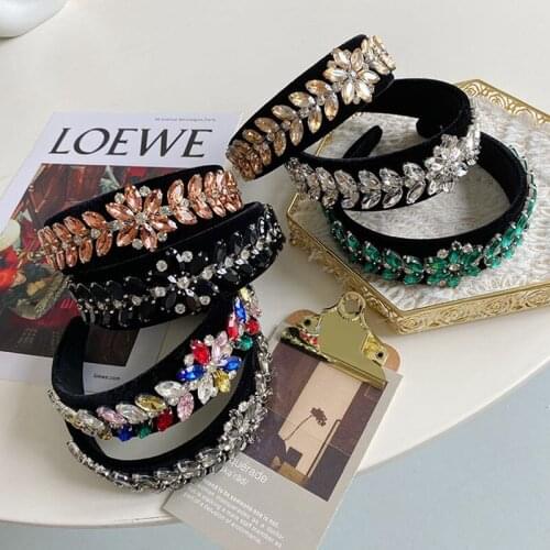 Luxury Full Diamond Baroque Headband Fashion Hair Accessories Women Velvet Rhinestone Leaf Broad-brimmed Hairband Hair Hoop New