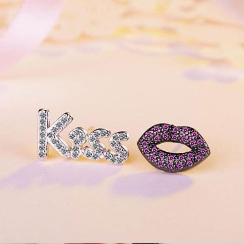 925 Sterling Silver Fashion Letter Kiss Red Lips Asymmetric Stud Earrings Cubic Zircon Jewelry For Girls Fashion Gifts S-E348