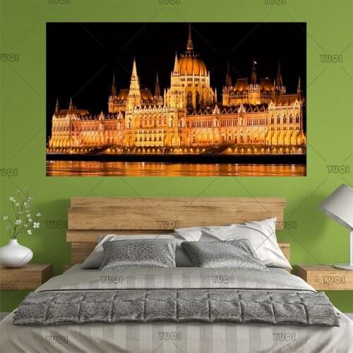 Framed City Building Hungary Budapest parliament night lights water Danube river Silk Fabric Canvas Poster Print HD Home Decor
