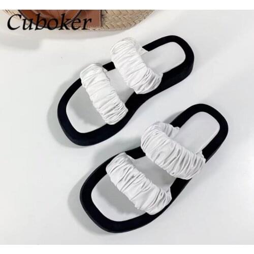 Summer Women Flat Slippers Peep Toe Thick Sole Slides Brand Runway Female Two Belts Flat Platform Slippers Women Sandalias Mujer