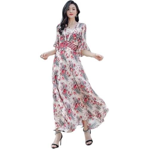 TML21137 New 2021 Womens Spring Clothing Elegant Stitching Printing Bohemian Style Tight Waist 100% Silk Dress for Women