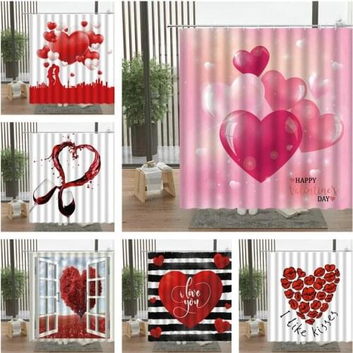 Love Heart Shower Curtain Valentines Day Couples Red Lips Kiss Bathroom Waterproof Wall Hanging Curtains Home Decor Set