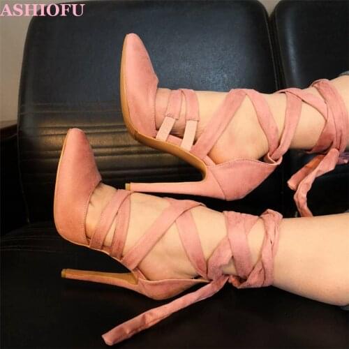 ASHIOFU Handmade Ladies High Heel Pumps Cross Straps Party Office Shoes Sexy Stiletto Lace-up Evening Club Fashion Court Shoes