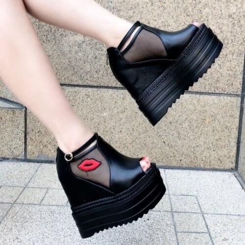 2021 Summer Women Sandals Wedge High Heels Platform Thick Bottom Sandals Sexy Mesh Peep Toe Ladies Shoes Black White-With 14 cm