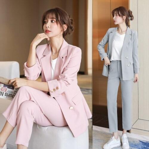 2021 Early Autumn Casual Style Two Piece Business Wear Women Suits Solid Pink Black Blazer Pant Suit Set Double Breasted Pockets