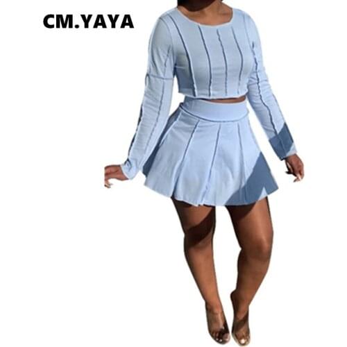 CM.YAYA Women Set Solid Full Sleeve O-neck Crop T-shirt Tops Mini A-line Pleated Skirts Two 2 Piece Sets Fashion Outfit Autumn