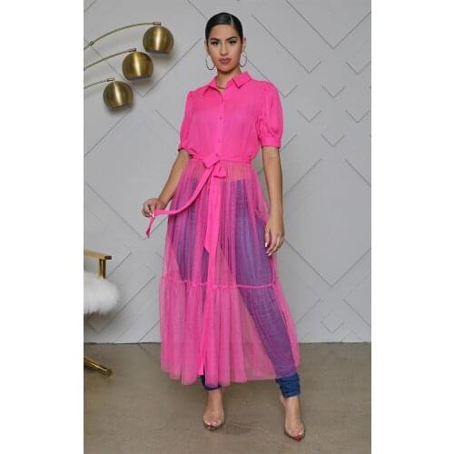 Echoine Short Sleeve Shirt Sheer Mesh Patchwork Maxi Long Dress Women robe femme Summer Elegant Vintage Vestidos Streetwear