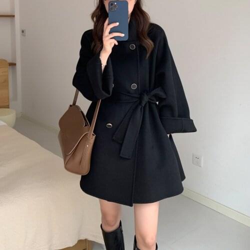 2021 Autumn Winter New Double-sided Cashmere Coat Womens Double-breasted Belt Loose Mid-length Woolen Coat