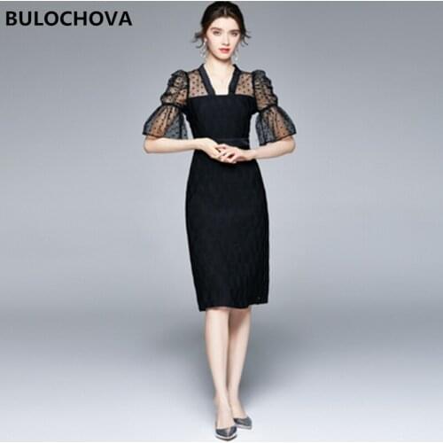 Retro Black Women V Neck Mesh Patchwork Flare Sleeve Knee Length Dress 2021 New Summer Big Size Runway Party Vestidos Femme 2XL
