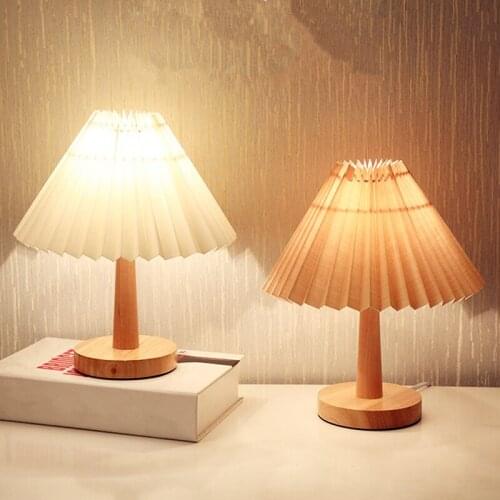 1Pc Vintage Pleated Table Lamp Solid Wood Study Reading Bedside Night Light USB Cloth Lampshade Home Decor