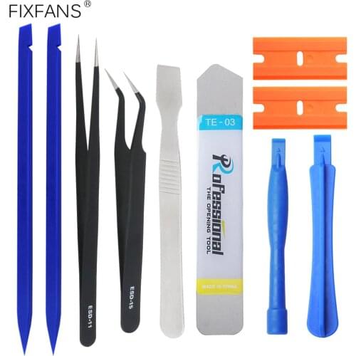 10Pcs Mobile Phone Disassembly Tool with ESD Tweezers Set, Stainless Steel Pry Bar Flat Spudger Opening Kit Glue Remover Scraper