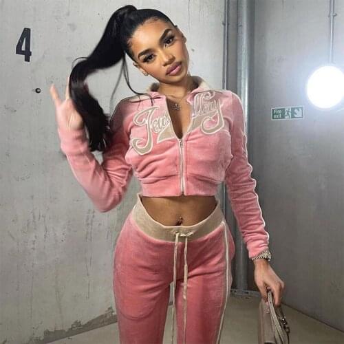 Velvet Tracksuit Two Piece Set Women Letter Print Streetwear Outfits Female Zipper Sport Lounge Wear Straight Tracksuit Female