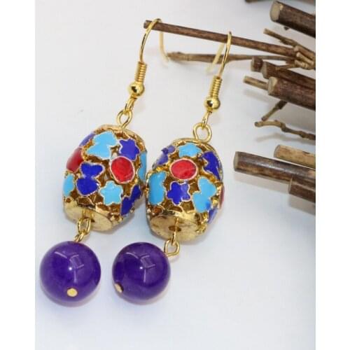 Bohemia style high grade 14*16mm barrel charms gold-color cloisonne chalcedony beads long dangle earring for women jewelry B2634