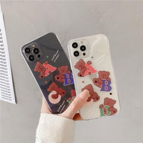 Cute Cartoon Bear Letter Clear Phone Case For iPhone 11 12 Pro MAX XR X XS SE20 7 8 6Plus Animal Print Soft Silicone Cover Shell