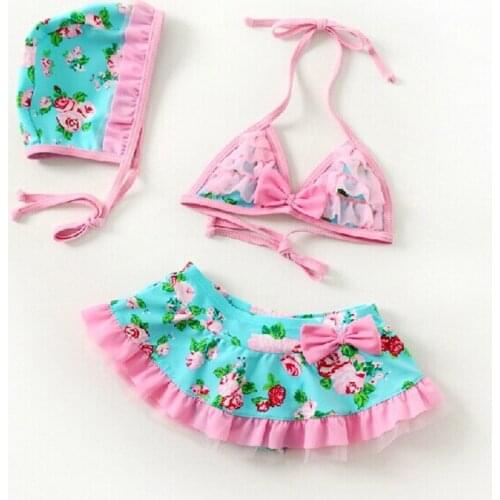 2020 New Summer Childrens Fresh Floral Bikini Girl Beachwear Girls Bikini Split Swimsuit Infant Girls Spa Swimsuit With Cap