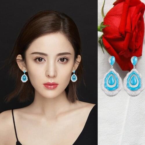 Designer luxury design blue crystal dangle earrings pendant setting high quality cubic zirconia fashion earrings necklace ladies