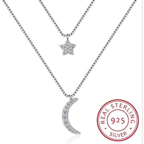 Double-layer Zirconia Moon Star 925 Sterling Silver Necklaces For Women Short Chain Choker De Prata Gift S-n389