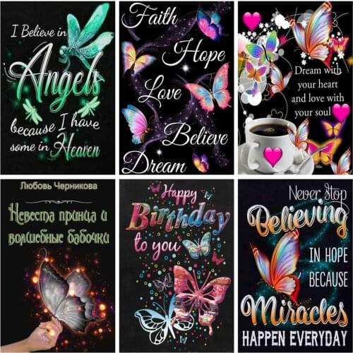 Huacan 5D Diamond Art Painting Full Square Mosaic Butterfly Text Diamond Beads Embroidery Love Birthday Animal Beaded Pictures