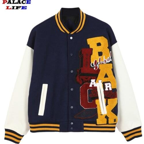 Baseball Jacket Mens Hip Hop Harajuku Streetwear Hit Color Furry Big Letter Patch Male Retro High Street Couple Bomber Jacket