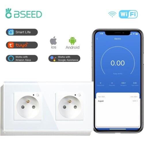 BSEED Double France Wifi Wall Socket Work With Tuya Alexa Smart Life White Black Gold Color 157*86mm Timer Function Home